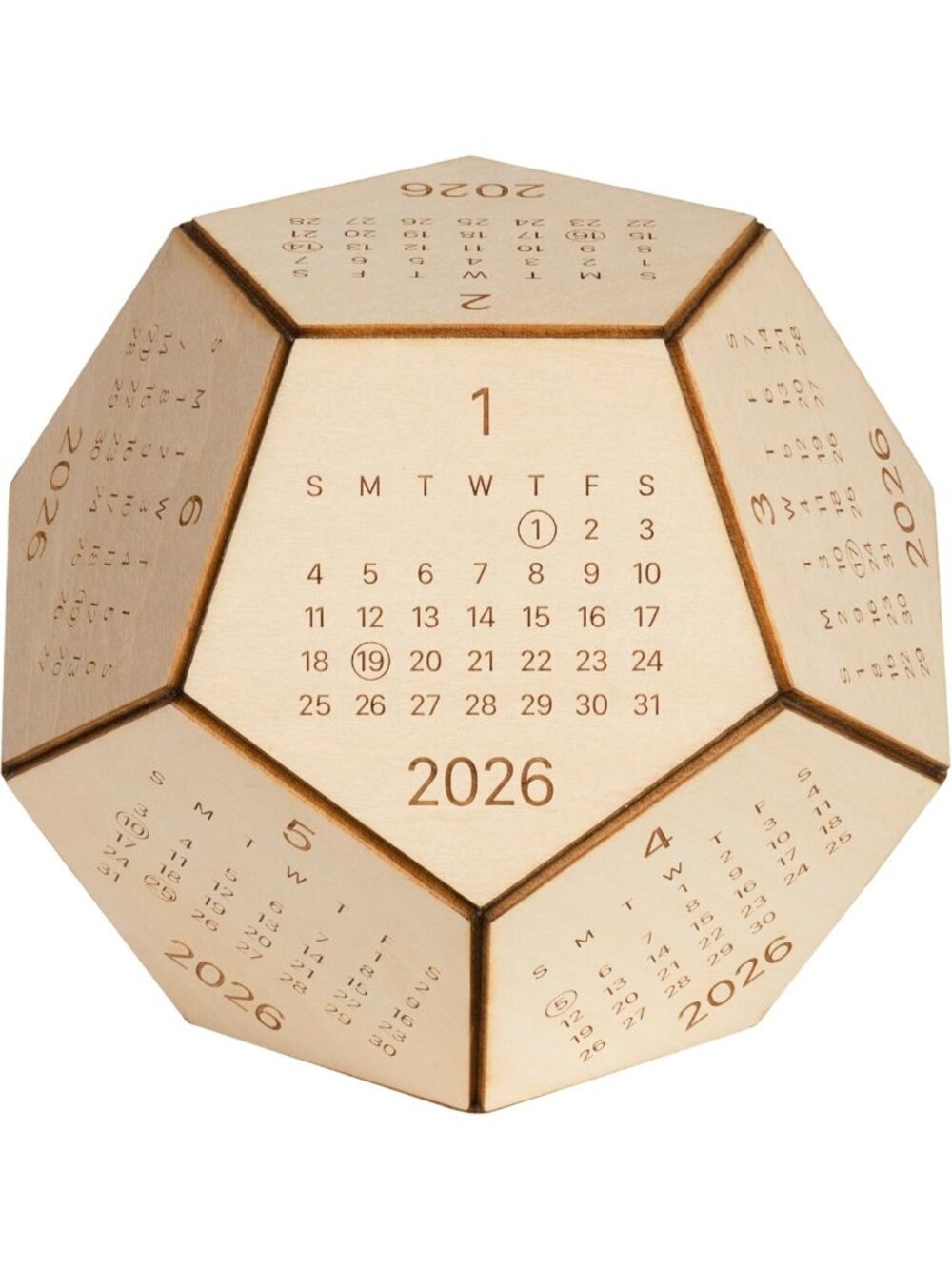 Unique 2026 Desk Calendar - Wood Dodecahedron, Funny Office Gifts & DnD